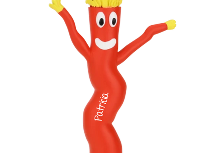 Personalized inflatable tube man Christmas ornament featuring a custom name and year on a bright red wacky waving inflatable figure.