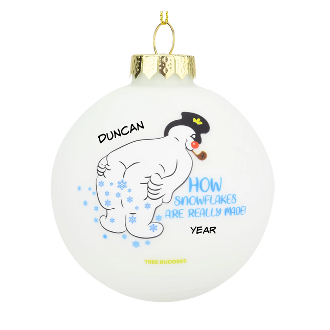 Personalized funny snowman Christmas ball ornament with How Snowflakes Are Really Made design, custom name and year.