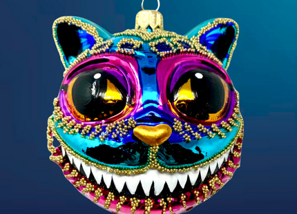 Teal Cheshire Cat Glass Ornament