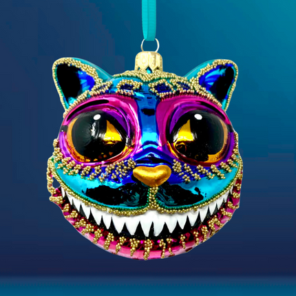 Teal Cheshire Cat Glass Ornament