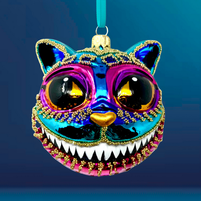 Teal Cheshire Cat Glass Ornament