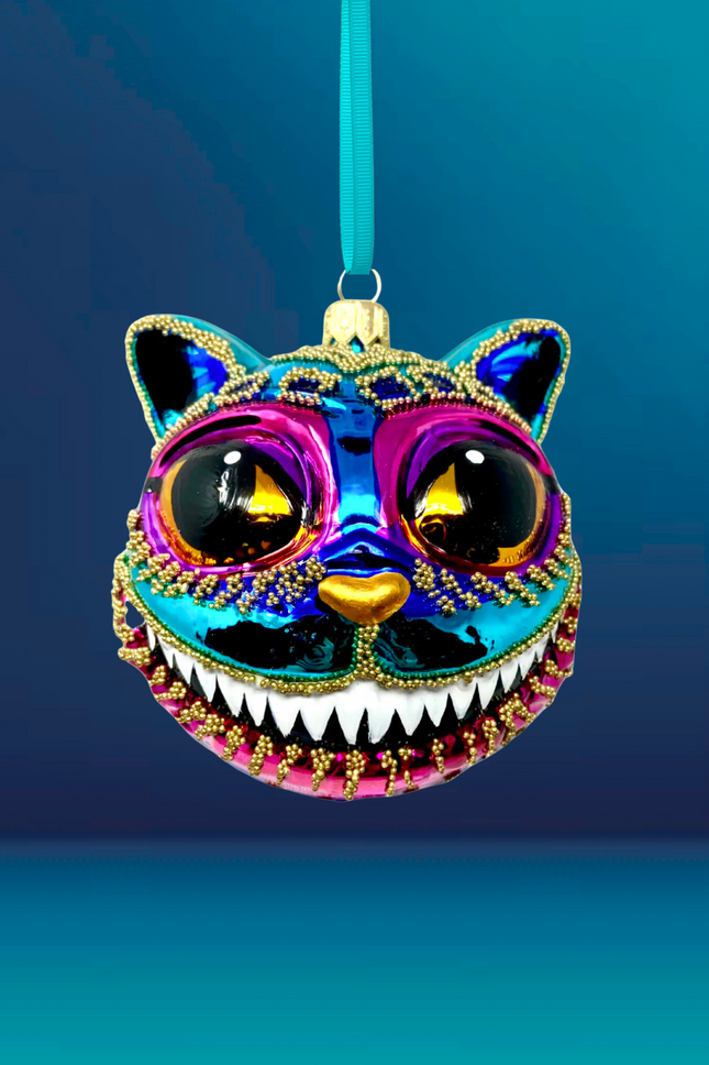 Teal Cheshire Cat Glass Ornament