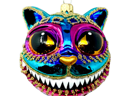 Teal Cheshire Cat Glass Ornament
