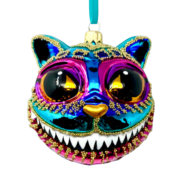 Teal Cheshire Cat Glass Ornament