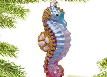 decorative blue and gold seahorse ornament – Christmas ornament, holiday tree decoration or gift