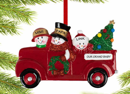 decorative vintage red truck snowman family of 3 grandparents christmas ornament – Christmas ornament, holiday tree decoratio