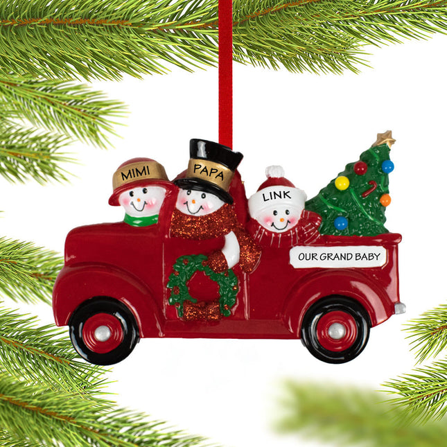 decorative vintage red truck snowman family of 3 grandparents christmas ornament – Christmas ornament, holiday tree decoratio