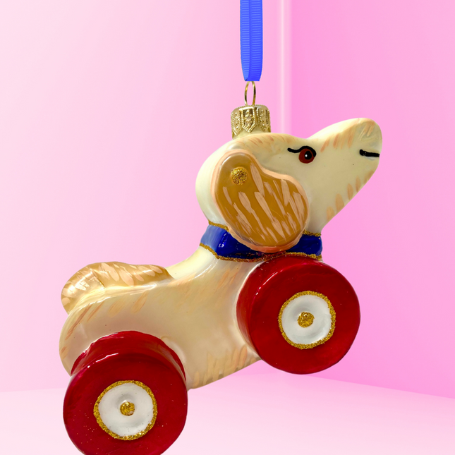 Yellow Labrador Dog Pull Toy Glass Ornament