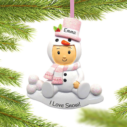 Baby Boy or Girl in Snowman Outfit Personalized Ornament - COLOR - Pink created by ORNAMENT SHOP