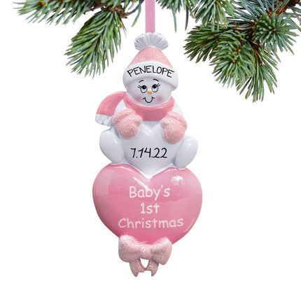 Baby Girl's First Christmas Pink Snowman Personalized Ornament created by RUDOLPH AND ME and designed by Ornament Shop