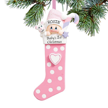 Baby's First Christmas Stocking Ornament - Blue, Pink or Red - COLOR - Pink created by RUDOLPH AND ME and designed by Ornament Shop