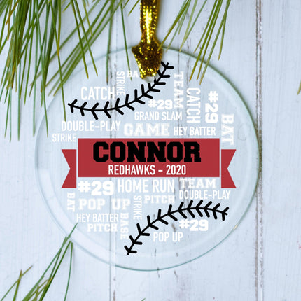 Baseball Word Cloud Personalized Glass Ornament - DESIGN - With Ribbon and Black Stitching created by ORNAMENT SHOP