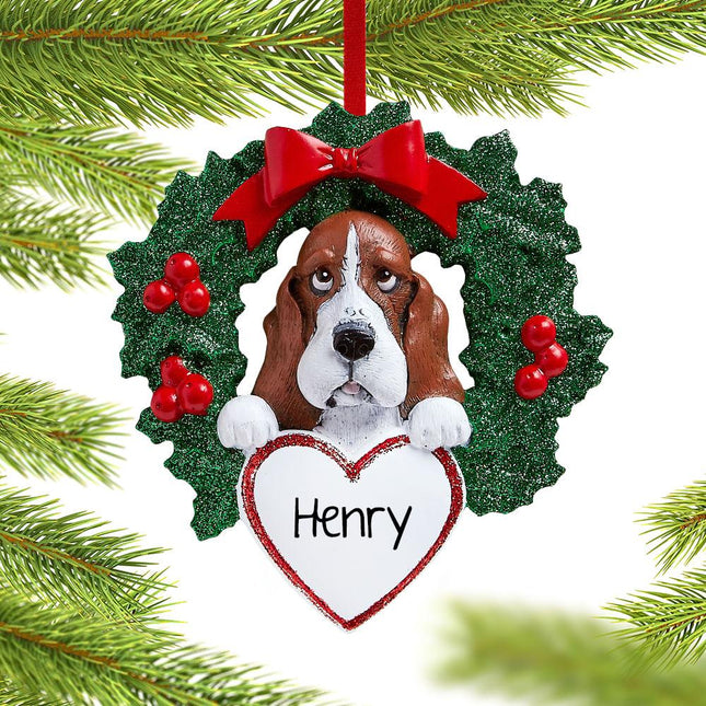 Basset Hound Dog with Wreath Ornament created by RUDOLPH AND ME and designed by Ornament Shop