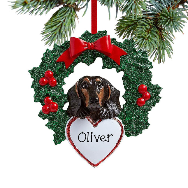 Black Dachshund Dog with Wreath Ornament created by RUDOLPH AND ME and designed by Ornament Shop