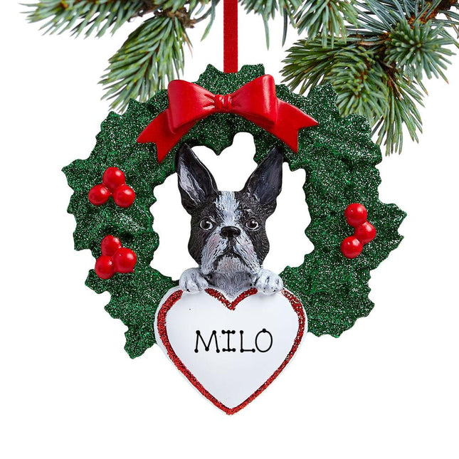Boston Terrier Dog with Wreath Ornament created by RUDOLPH AND ME and designed by Ornament Shop