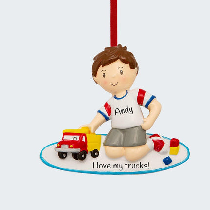 Boy Playing with Toy Truck Ornament