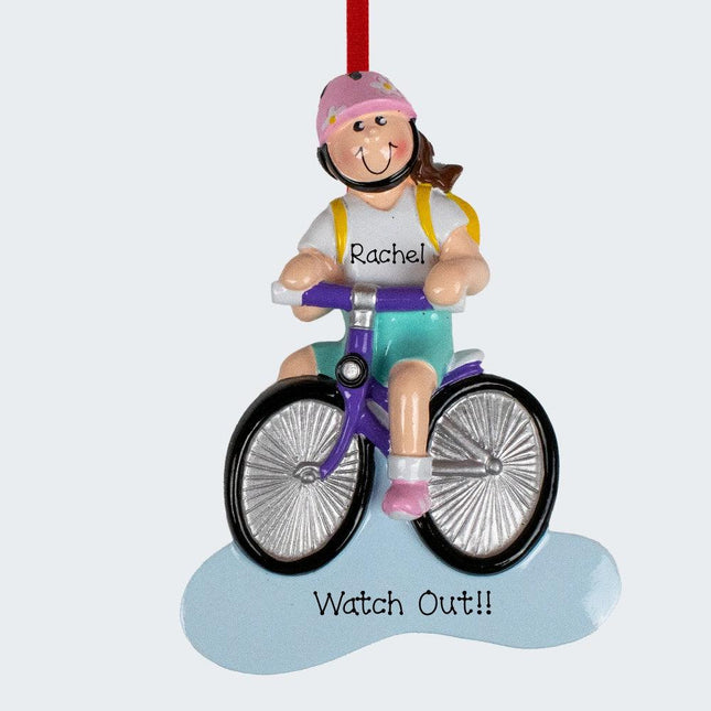 Brunette Bike Riding Girl Ornament created by RUDOLPH AND ME and designed by Ornament Shop