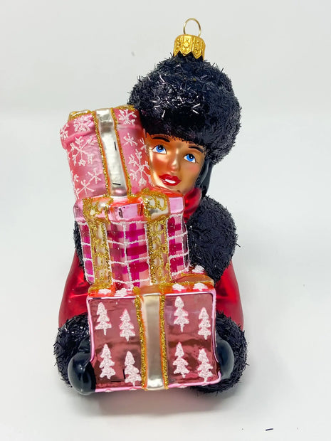 Shopping Woman Holiday Polish Glass Christmas Ornament 1 designed by Kenzies of London and by Personalized Ornamentshop