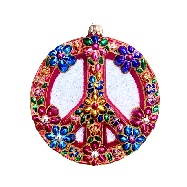 Flower Peace Sign Holiday Polish Glass Christmas Ornament designed by Kenzies of London and by Personalized Ornamentshop