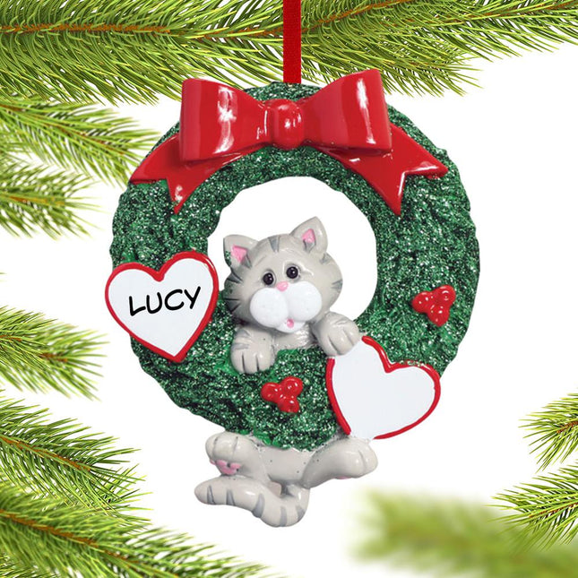 Cat Wreath Personalized Christmas Ornament - COLOR - Grey Cat created by RUDOLPH AND ME and designed by Ornament Shop