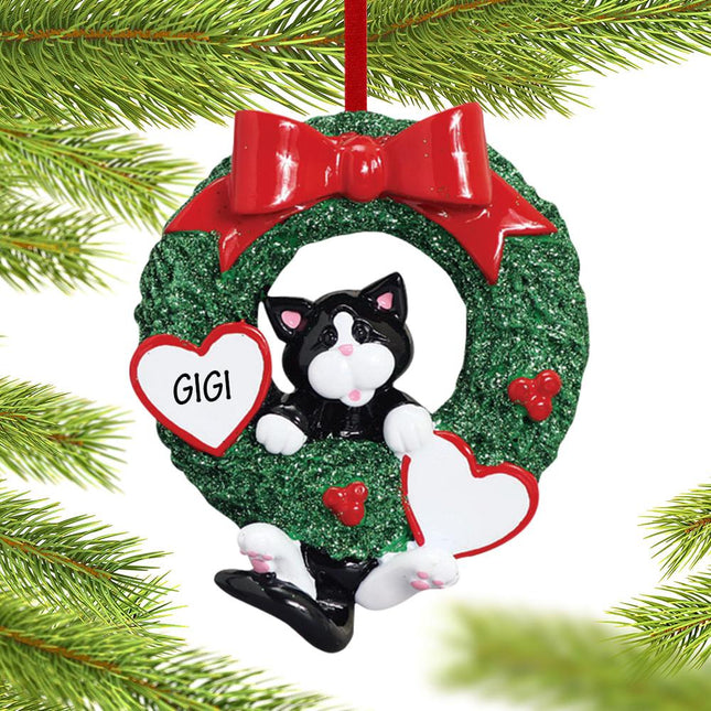 Cat Wreath Personalized Christmas Ornament - COLOR - Black Cat created by RUDOLPH AND ME and designed by Ornament Shop