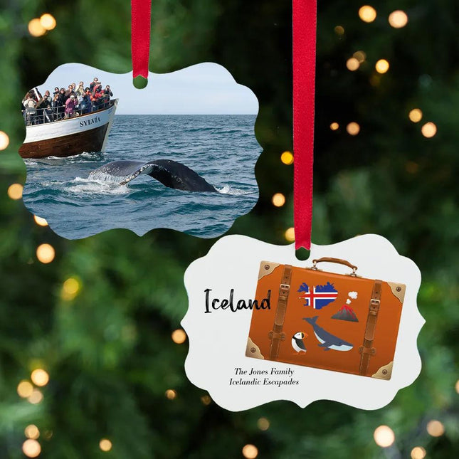 Country + Suitcase Vacation Personalized Photo Aluminum Ornament
