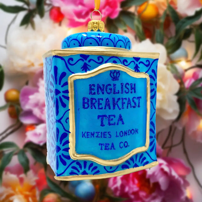 Chester Tea Tin Holiday Polish Glass Christmas Ornament designed by Kenzies of London and by Personalized Ornamentshop