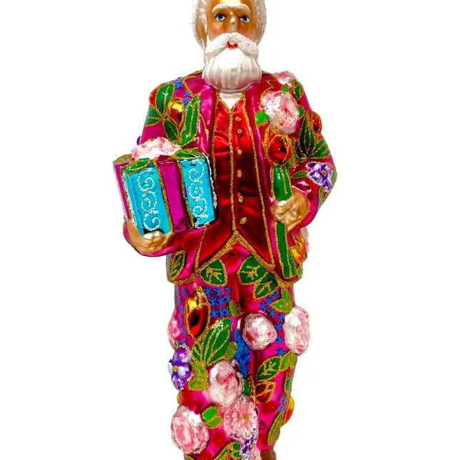 Pink Flower Santa Claus Polish Glass Christmas Ornament designed by Kenzies of London and by Personalized Ornamentshop