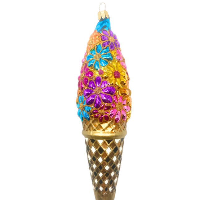 Floral Ice Cream Cone Polish Glass Christmas Ornament (Co designed by Kenzies of London and by Personalized Ornamentshop