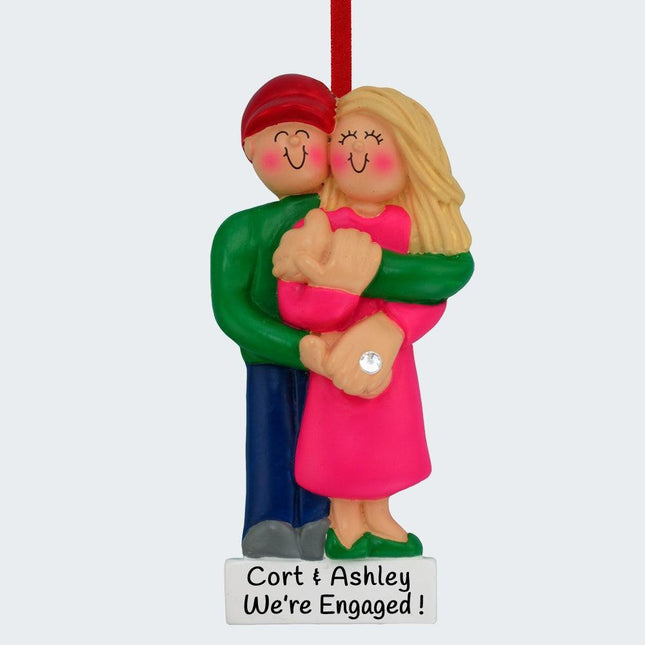 Engagement Couple Hugging Each Other Personalized Ornament - GENDER & HAIR COLOR - Male Blond/ Female Blond created by ORNAMENT CENTRAL and designed by Ornament Shop