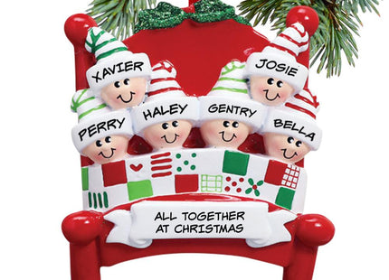 Family in Red Bed - 2, 3, 6, 7, 8, 9 or 10 Personalized Resin Ornament