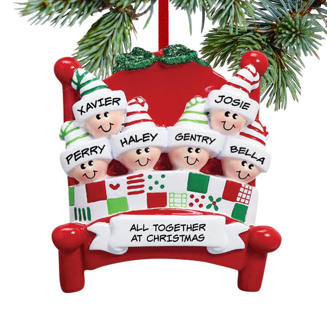 Family in Red Bed - 2, 3, 6, 7, 8, 9 or 10 Personalized Resin Ornament