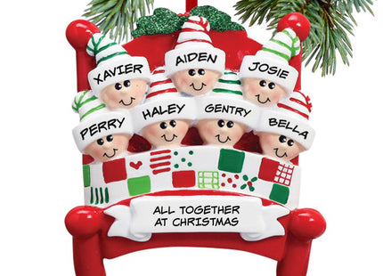 Family in Red Bed - 2, 3, 6, 7, 8, 9 or 10 Personalized Resin Ornament