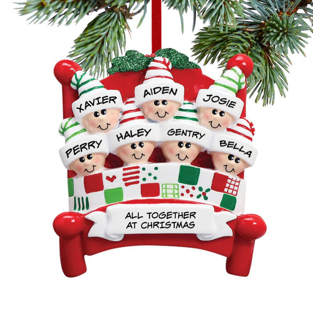Family in Red Bed - 2, 3, 6, 7, 8, 9 or 10 Personalized Resin Ornament