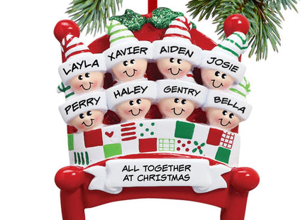 Family in Red Bed - 2, 3, 6, 7, 8, 9 or 10 Personalized Resin Ornament