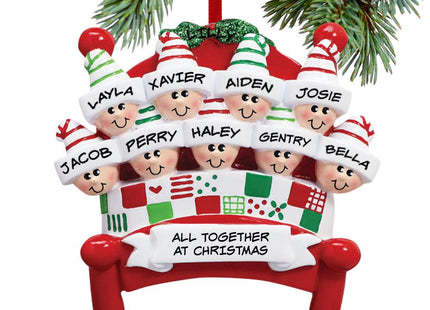 Family in Red Bed - 2, 3, 6, 7, 8, 9 or 10 Personalized Resin Ornament