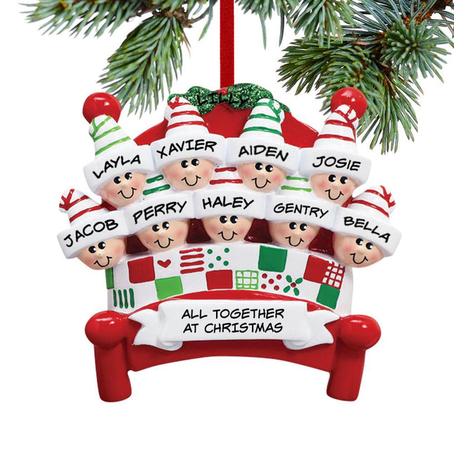 Family in Red Bed - 2, 3, 6, 7, 8, 9 or 10 Personalized Resin Ornament