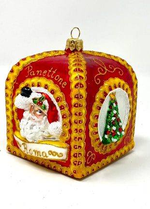 Red Panettone Box Holiday Polish Glass Christmas Ornament designed by Kenzies of London and by Personalized Ornamentshop