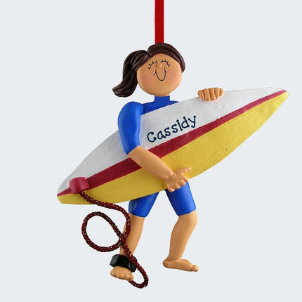 Surfer Personalized Ornament - Male or Female - GENDER & HAIR COLOR - Brunette Female created by ORNAMENT SHOP