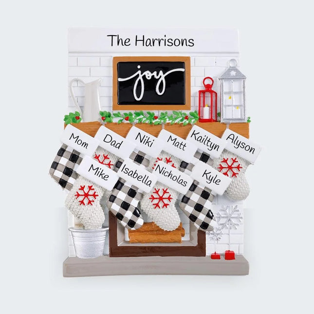 Fireplace Mantel Family Personalized Tabletop Ornament - 2, 3, 6, 8, 10, 11, 12 Family Members