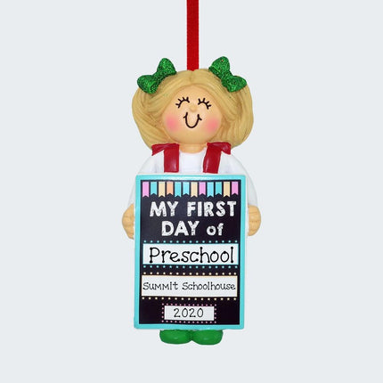 First Day of School With Blackboard Personalized Ornament - HAIR COLOR - Brunette created by ORNAMENT CENTRAL and designed by Ornament Shop