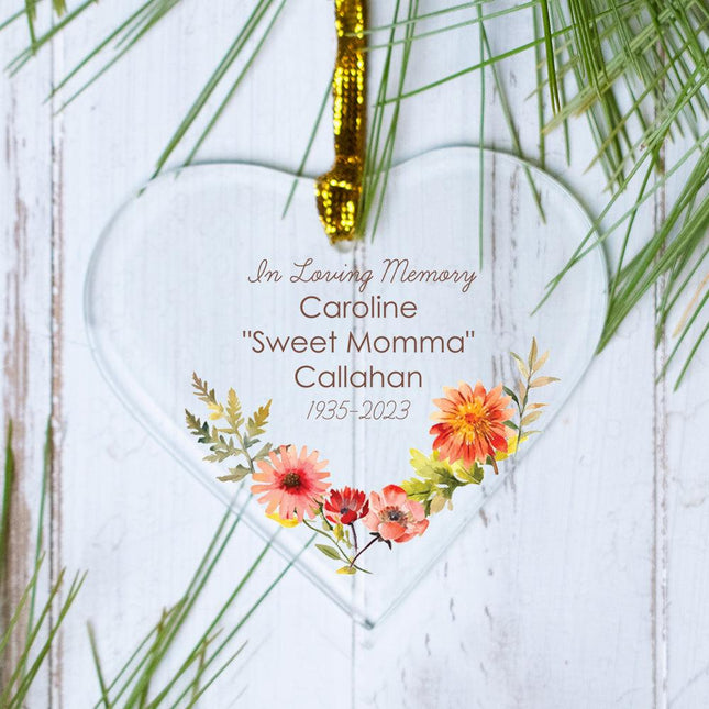 Floral Memorial Personalized Glass Heart Ornament created by ORNAMENT SHOP