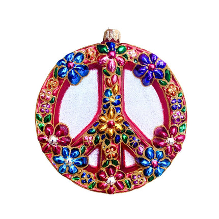 Flower Peace Sign Hand-Painted Glass Ornament