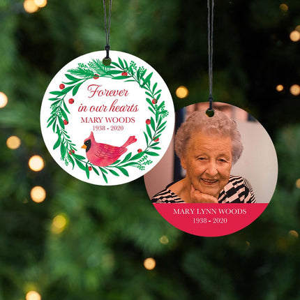 Forever in Our Hearts Cardinal Wreath Memorial Photo Personalized Wood Ornament created by ORNAMENT SHOP