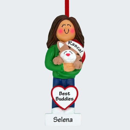 Girl Cat Lover Personalized Ornament - HAIR COLOR - Brunette created by ORNAMENT SHOP