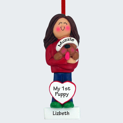 Girl Dog Lover Personalized Ornament - HAIR COLOR - Brunette created by ORNAMENT SHOP