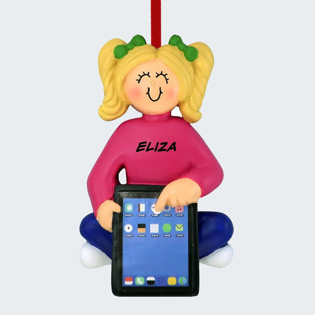 Girl with Tablet Personalized Ornament - HAIR COLOR - Blonde created by ORNAMENT SHOP