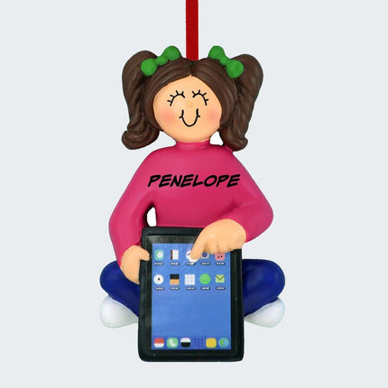 Girl with Tablet Personalized Ornament - HAIR COLOR - Brunette created by ORNAMENT SHOP
