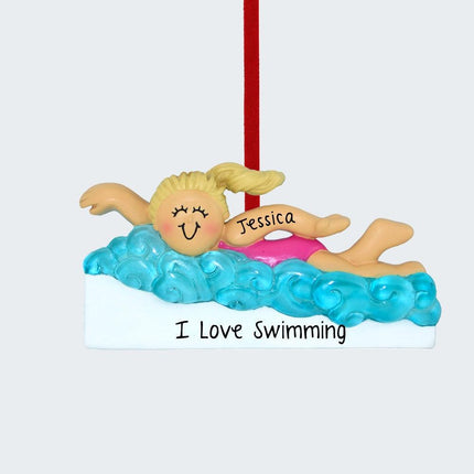 Girl Learning to Swim Personalized Ornament - HAIR COLOR - Blonde created by ORNAMENT CENTRAL and designed by Ornament Shop