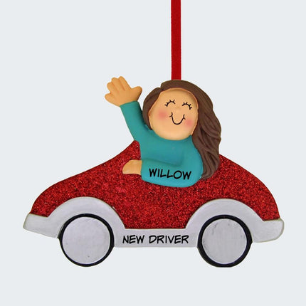 Girl New Driver - Red Car Ornament - HAIR COLOR - Brunette created by ORNAMENT SHOP
